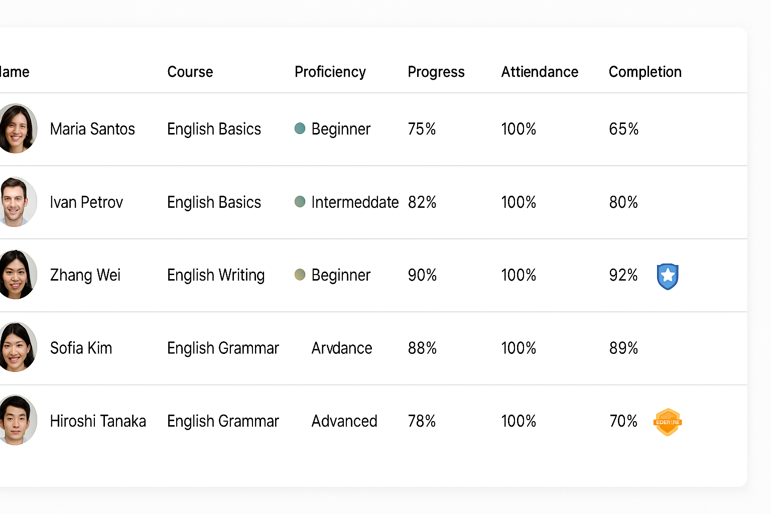 Mockup of GeckoTeach admin dashboard with attendance logs and performance metrics.